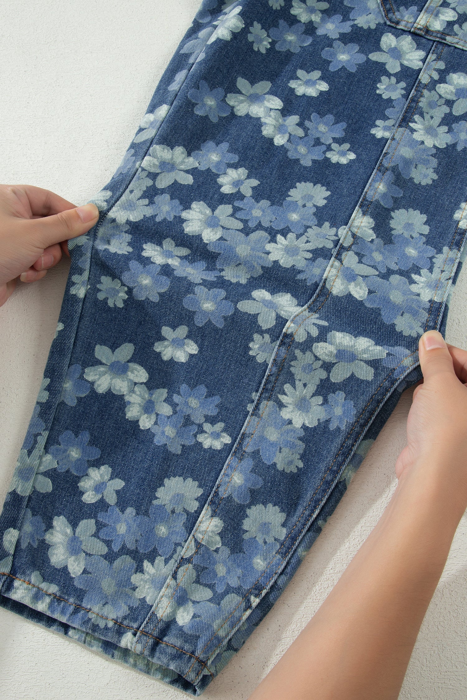 Sky Blue Dainty Floral Print Barrel Leg Drawstring Jeans