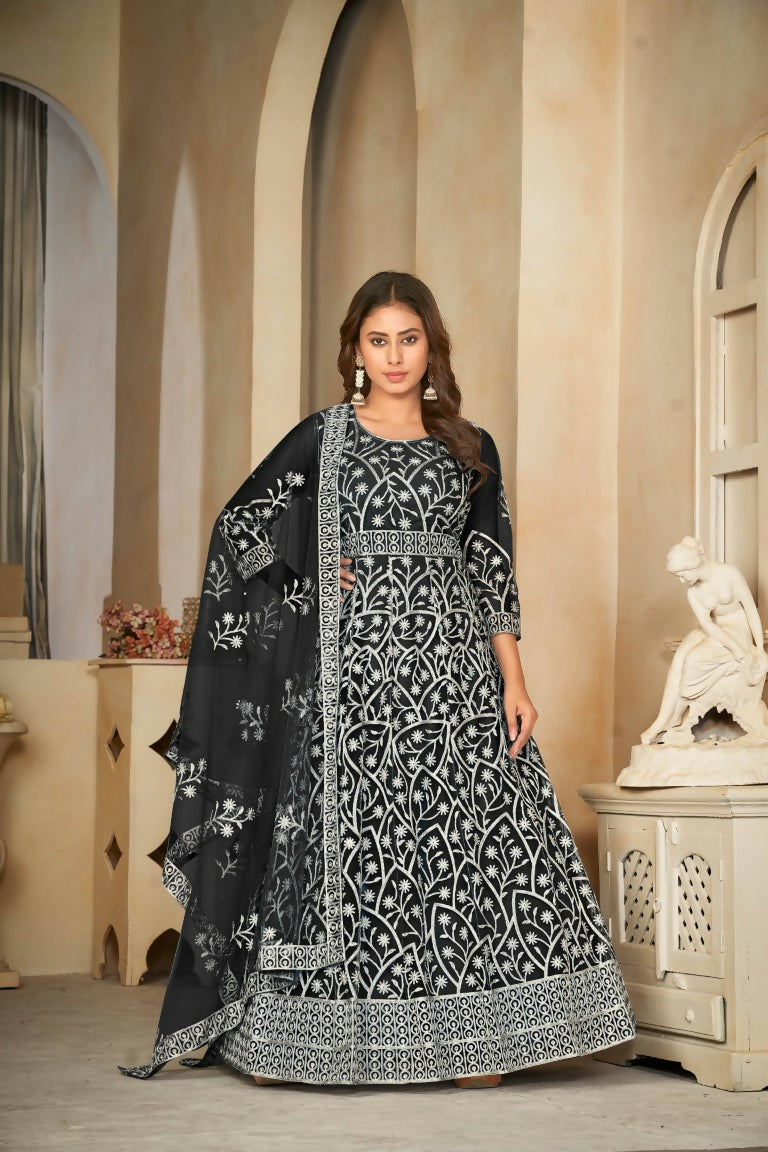 Sophisticated black net embroidered Anarkali kurta set