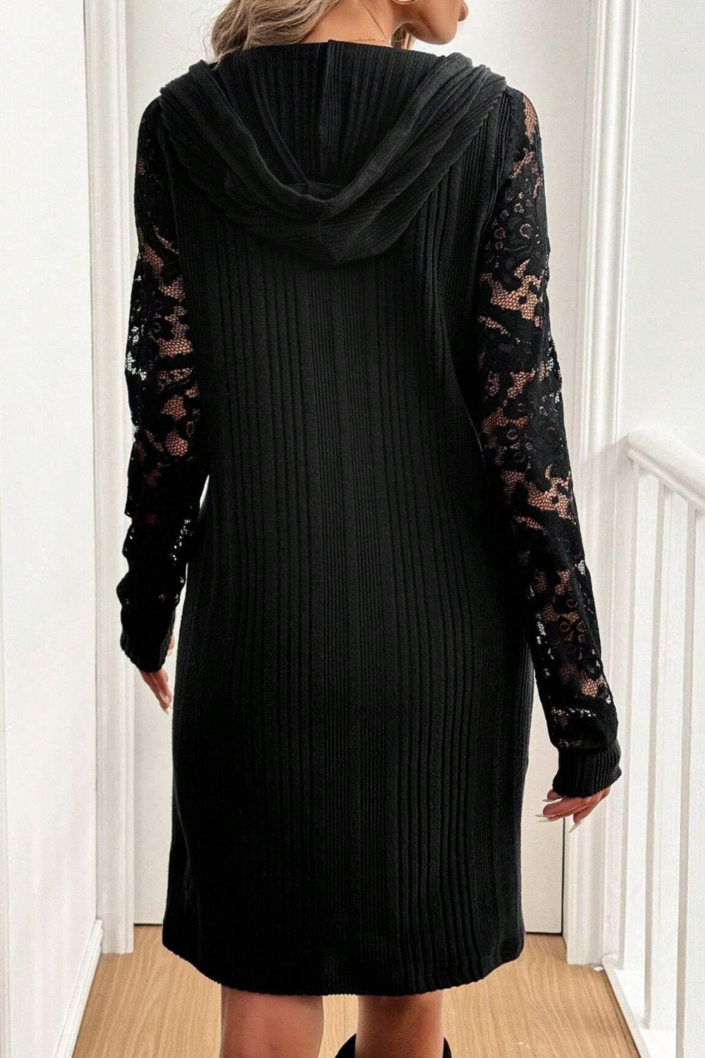 Black Long Sleeve Hooded Mini Dress with Lace Detail