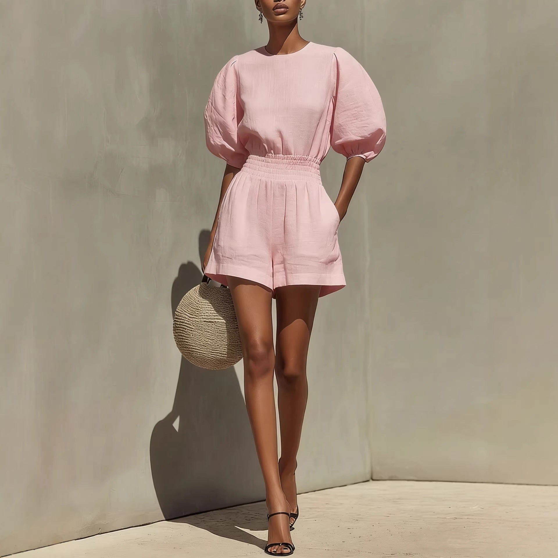 Women's Puff-Sleeve Top and Cropped Shorts Set - Image 2