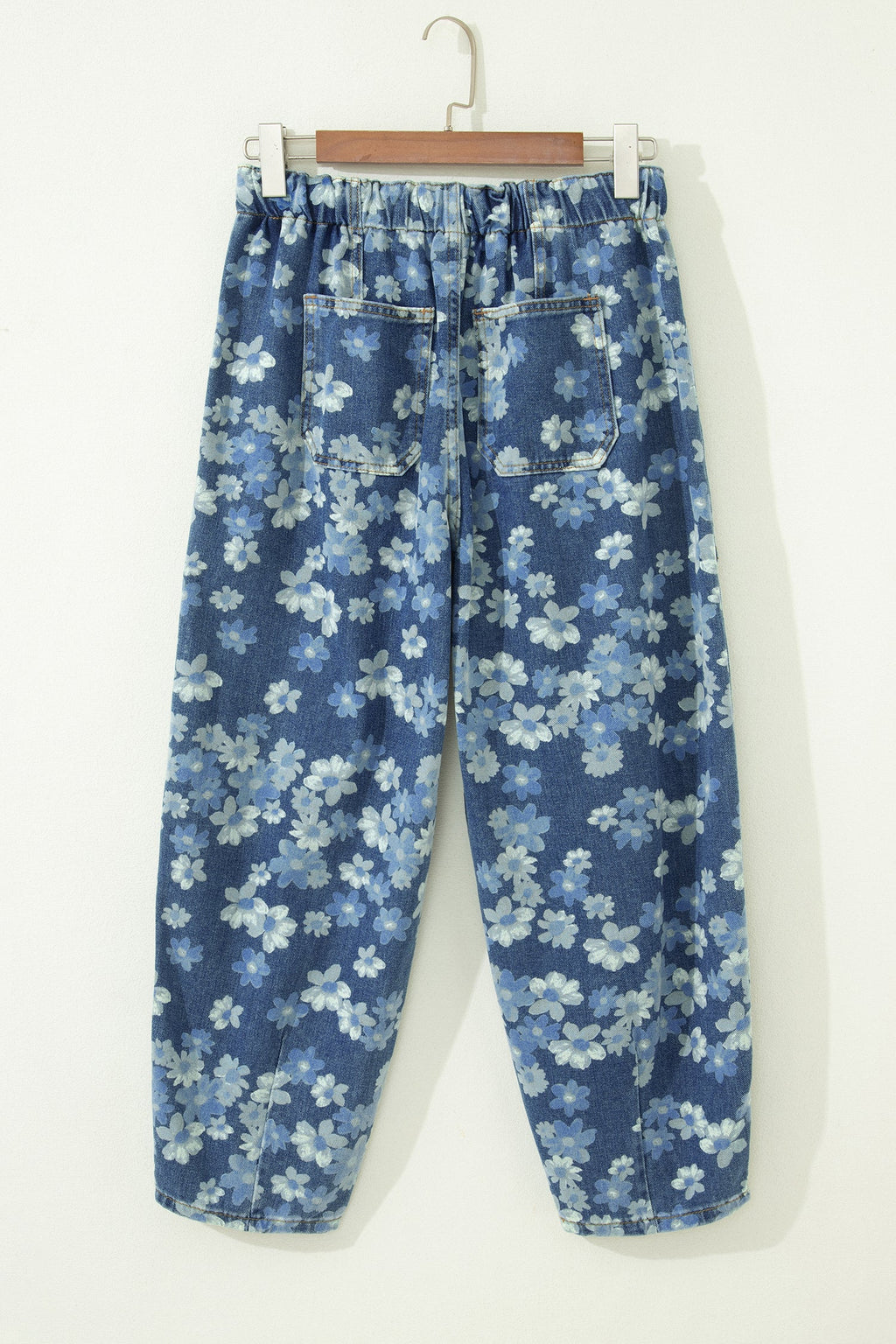 Sky Blue Dainty Floral Print Barrel Leg Drawstring Jeans