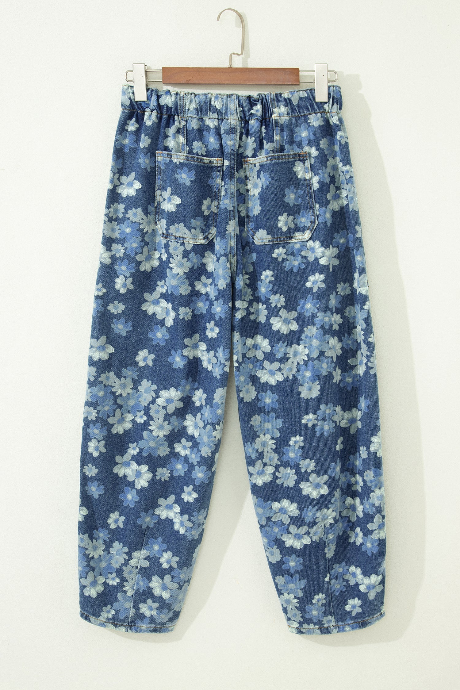 Sky Blue Dainty Floral Print Barrel Leg Drawstring Jeans