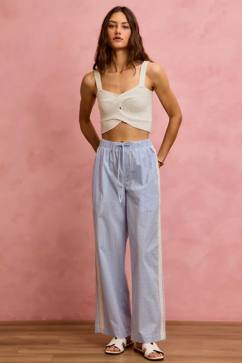 Women's Wide Leg Check Pants with Lace Trim in Light Blue White
