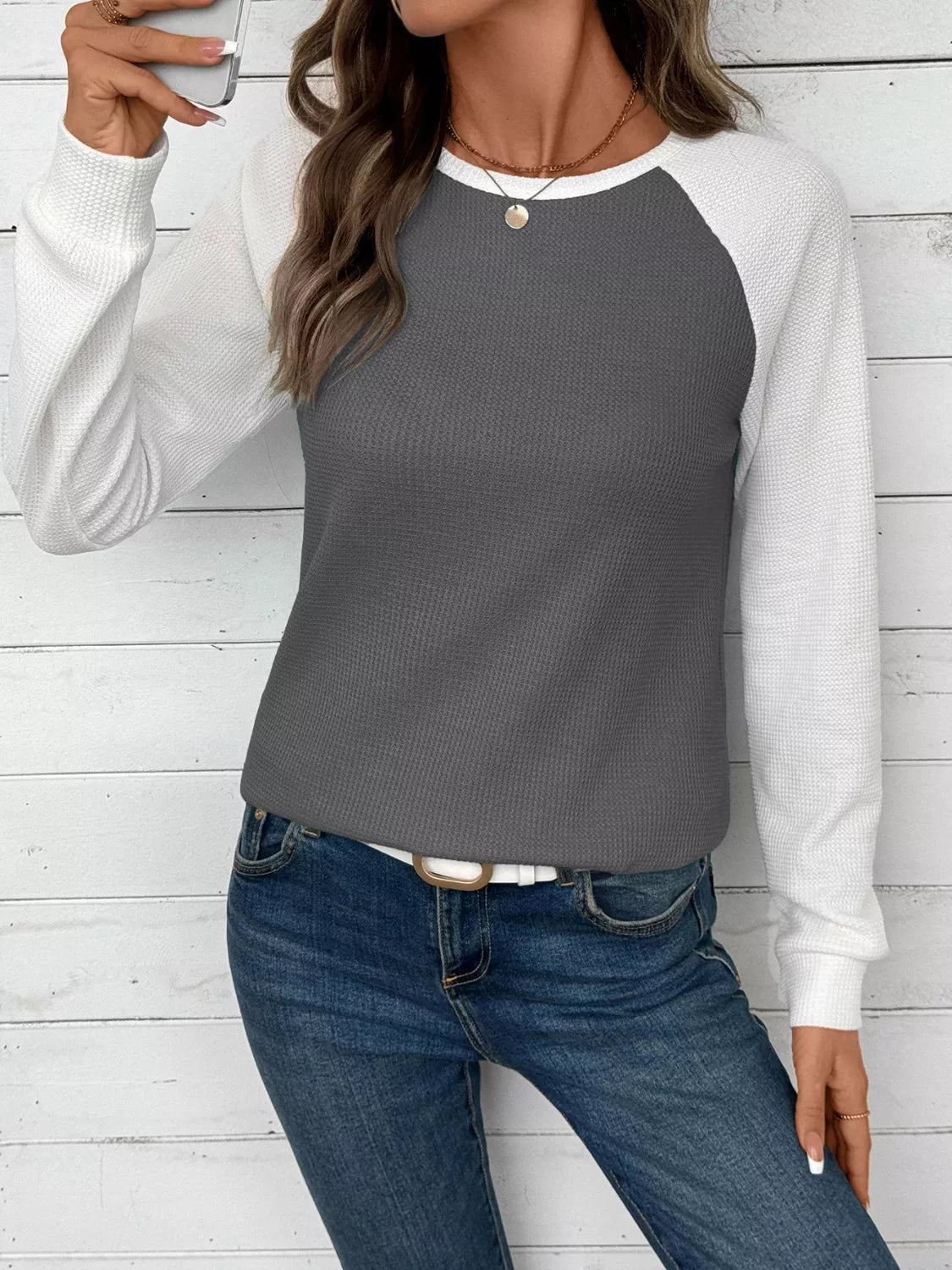 Waffle Knit Raglan Sleeve T-Shirt | Relaxed Fit Crew Neck