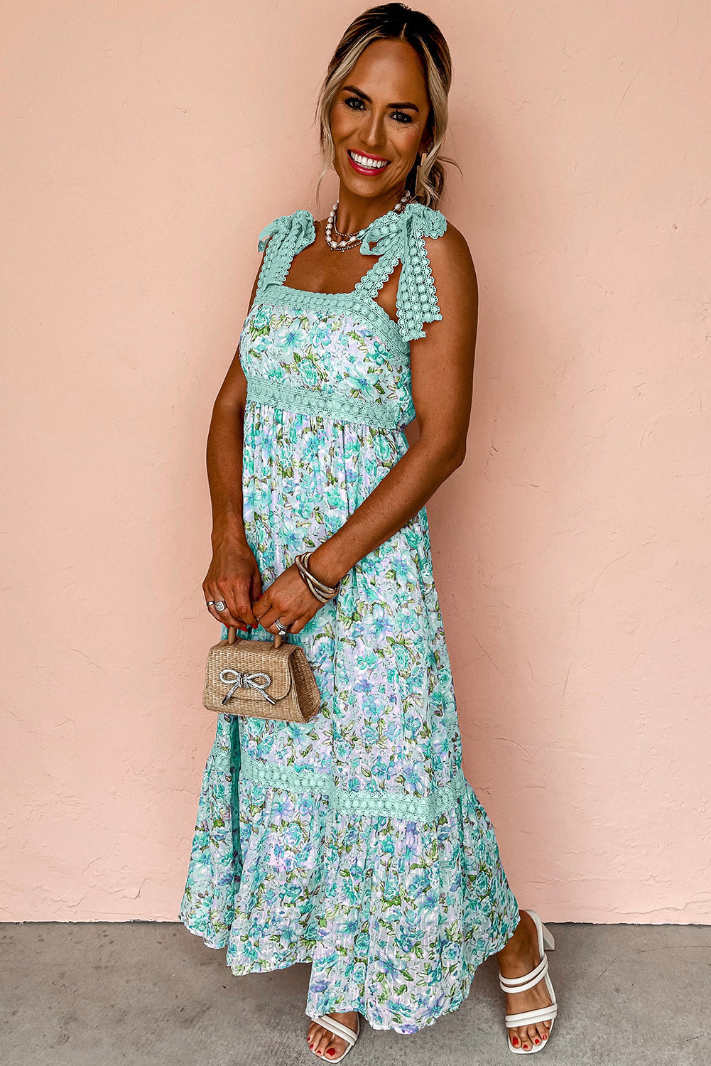 Green Floral Lace Empire Waist Maxi Dress | Tied Strap