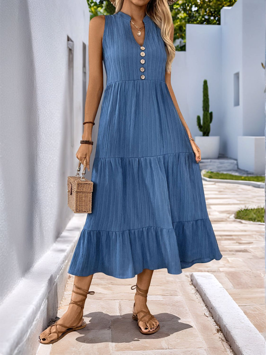 Dusty Blue Sleeveless Notched Button Dress Minimalist Style