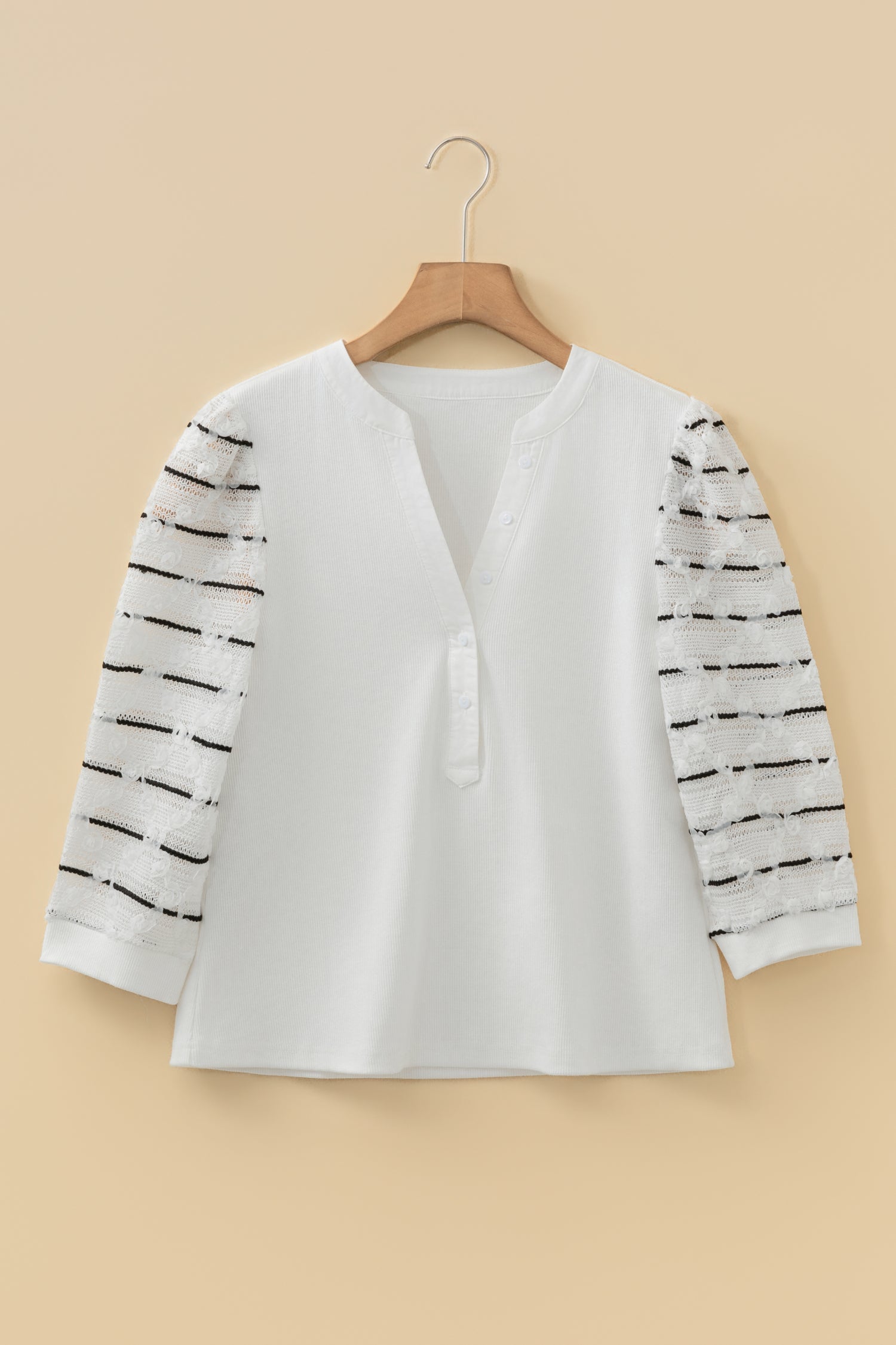 White Button Placket 3/4 Striped Sleeve Patchwork Rib Knit Top