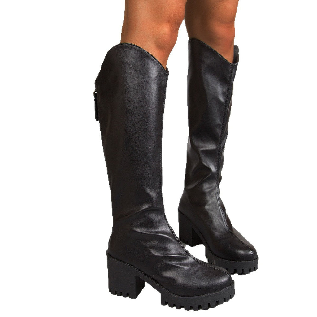 Women’s Thick High-Heel Knee-High Black Boots | Elegant Streetwear