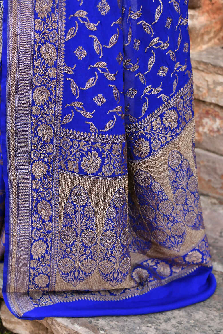 Violet Crepe Chiffon Handloom Banarasi Silk Saree with Gold Zari