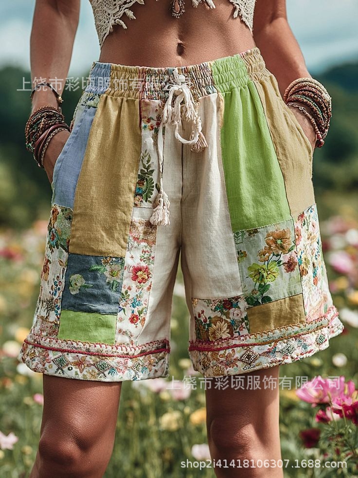 Women's Retro Floral Print Casual Shorts with Drawstring Waist - Image 17
