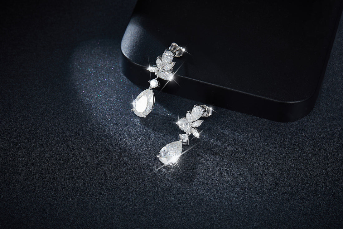 S925 Sterling Silver Pear Cut Moissanite Floral Cluster Drop Earrings