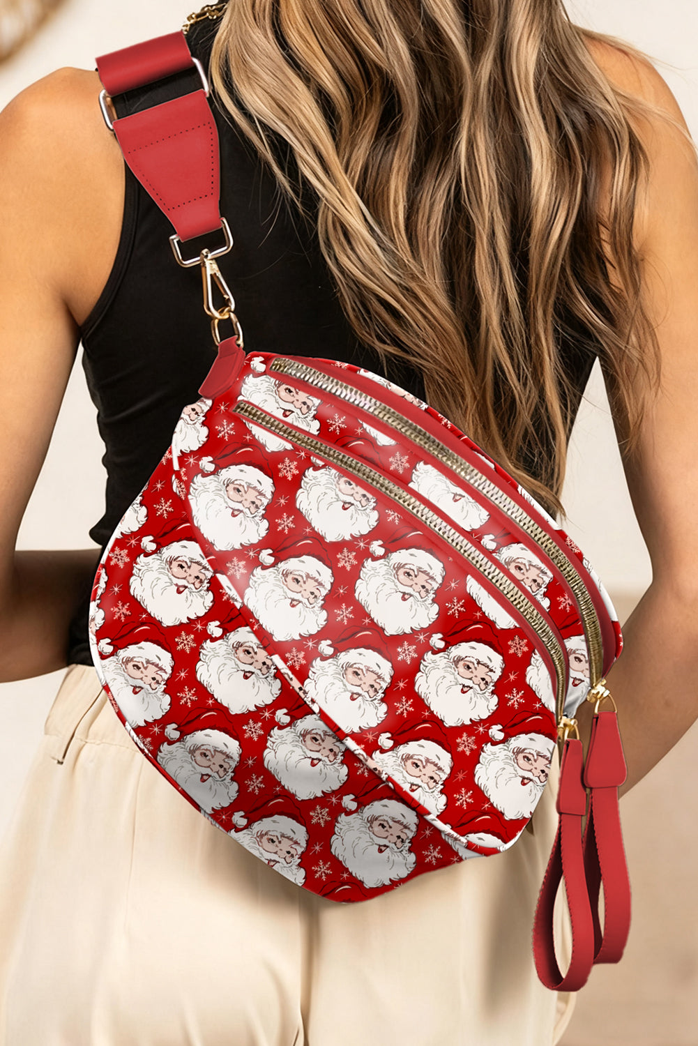 White HO HO HO Print Double Zip Crossbody Bag