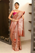 Blue and orange Kataan Ikkat Banarasi silk saree with woven anchal