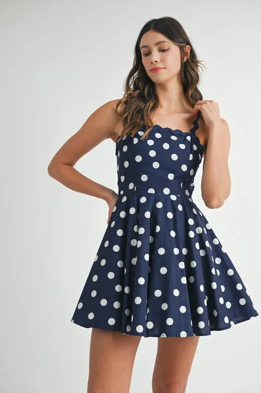 Navy Blue Polka Dot Mini Dress with Ricrac Trim Strap