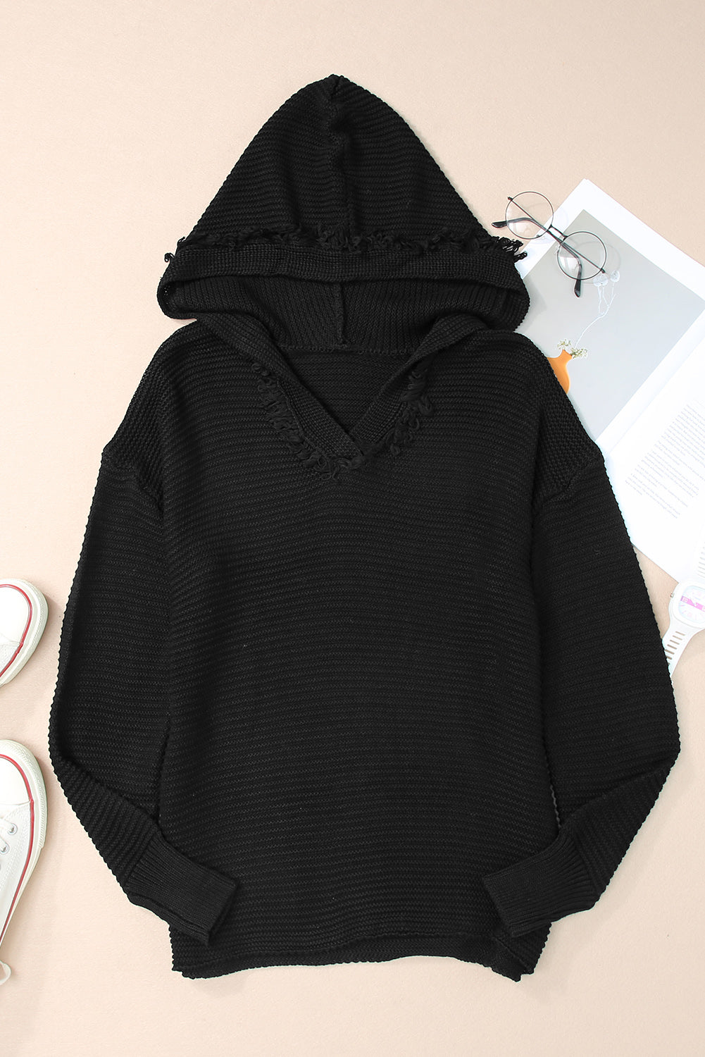 Solid Ribbed Drop Shoulder Hooded V-Neck Sweater