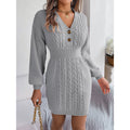 Women's Cable Knit V-Neck Sweater Dress with Button Detail