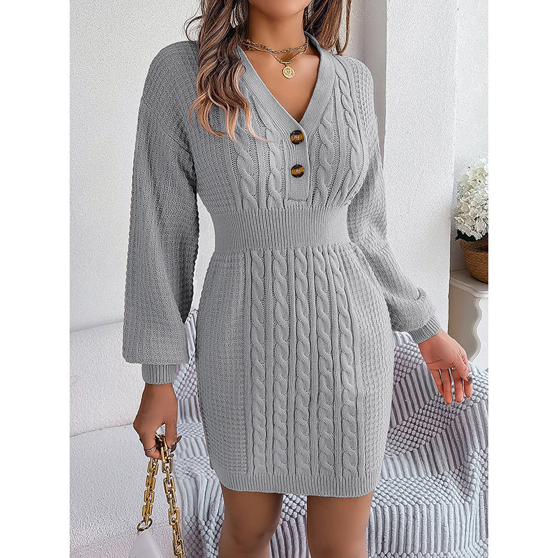 Women's Cable Knit V-Neck Sweater Dress with Button Detail
