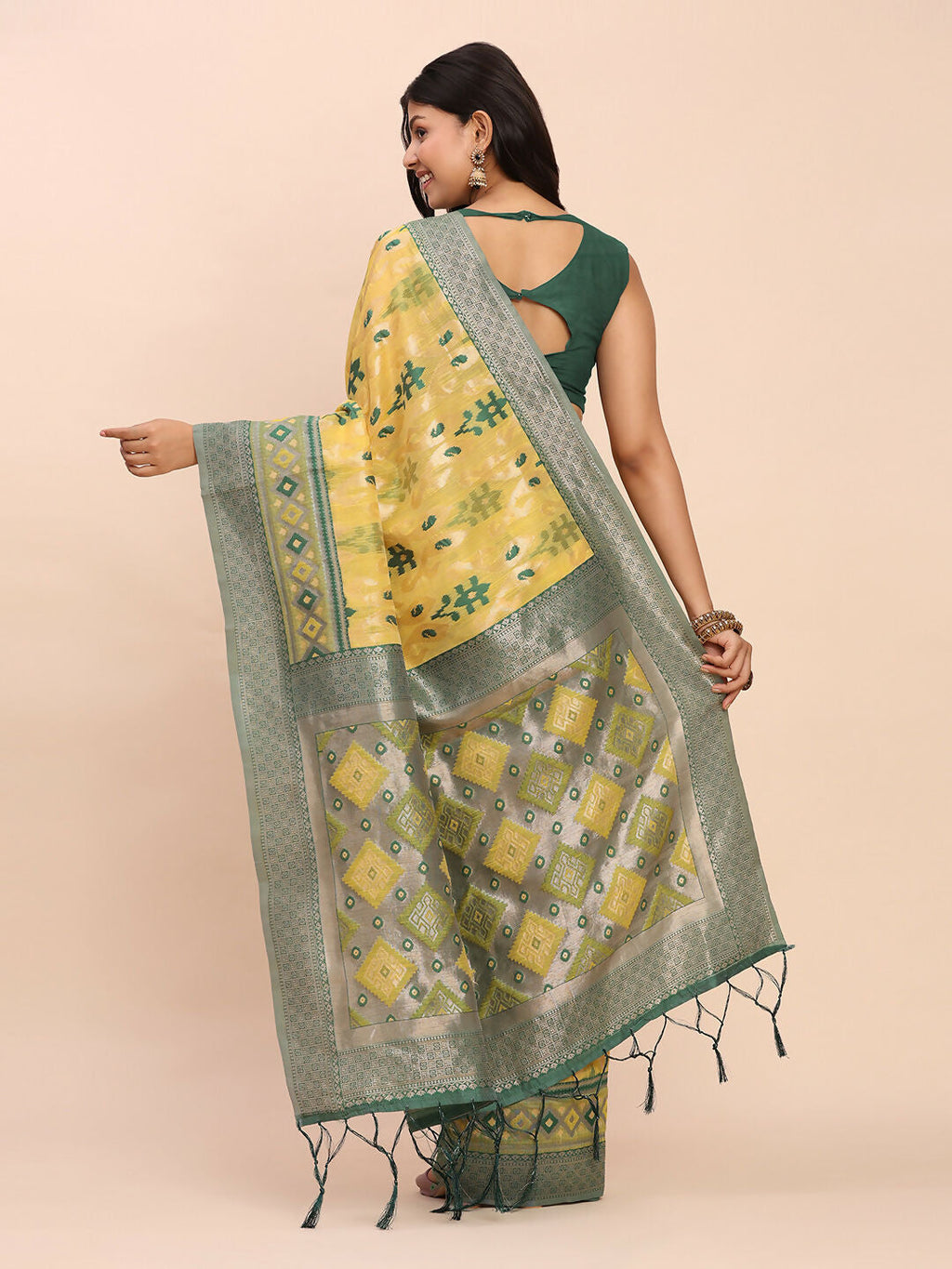 Yellow Linen Cotton Saree with Contrast Green Blouse