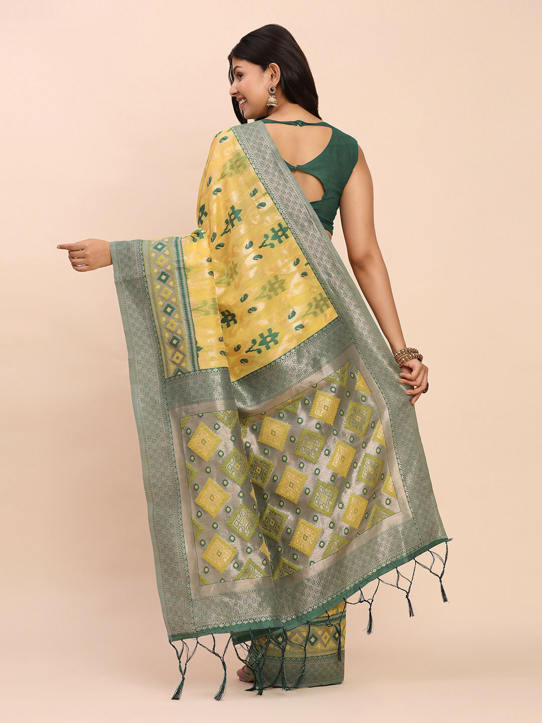 Yellow Linen Cotton Saree with Contrast Green Blouse