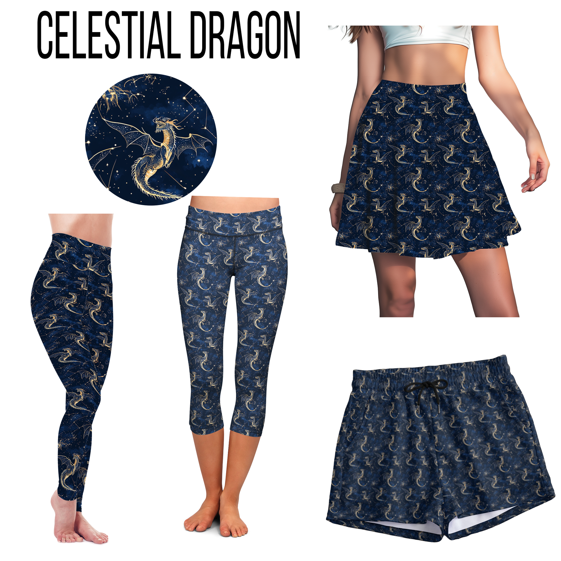 Celestial Dragon leggings in navy blue and gold with side pockets, high-rise fitted silhouette.