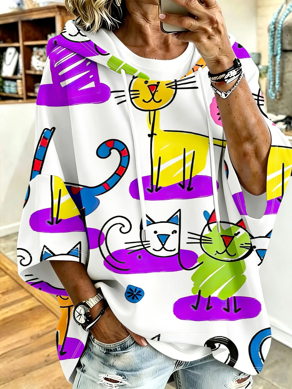 Cartoon Cat Print Hoodie with 3/4 Sleeves & Drawstring