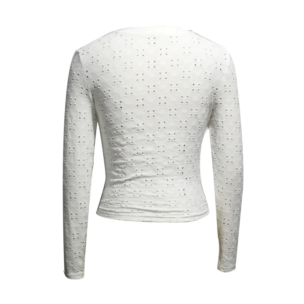 Women’s White Hollow Out V-Neck Long Sleeve Slim Fit Top - Image 3