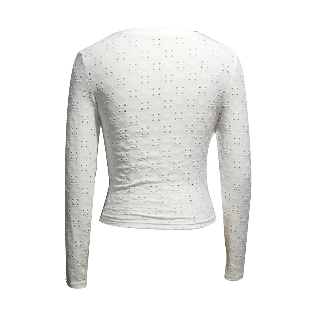 Women’s White Hollow Out V-Neck Long Sleeve Slim Fit Top - Image 3