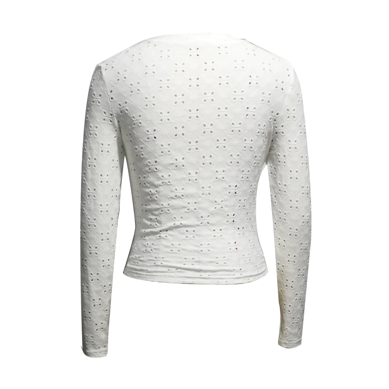 Women’s White Hollow Out V-Neck Long Sleeve Slim Fit Top - Image 3