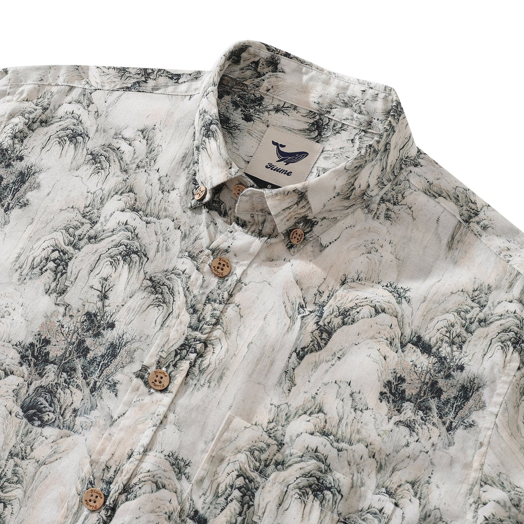 Mountain Landscape Print Long Sleeve Cotton Hawaiian Shirt