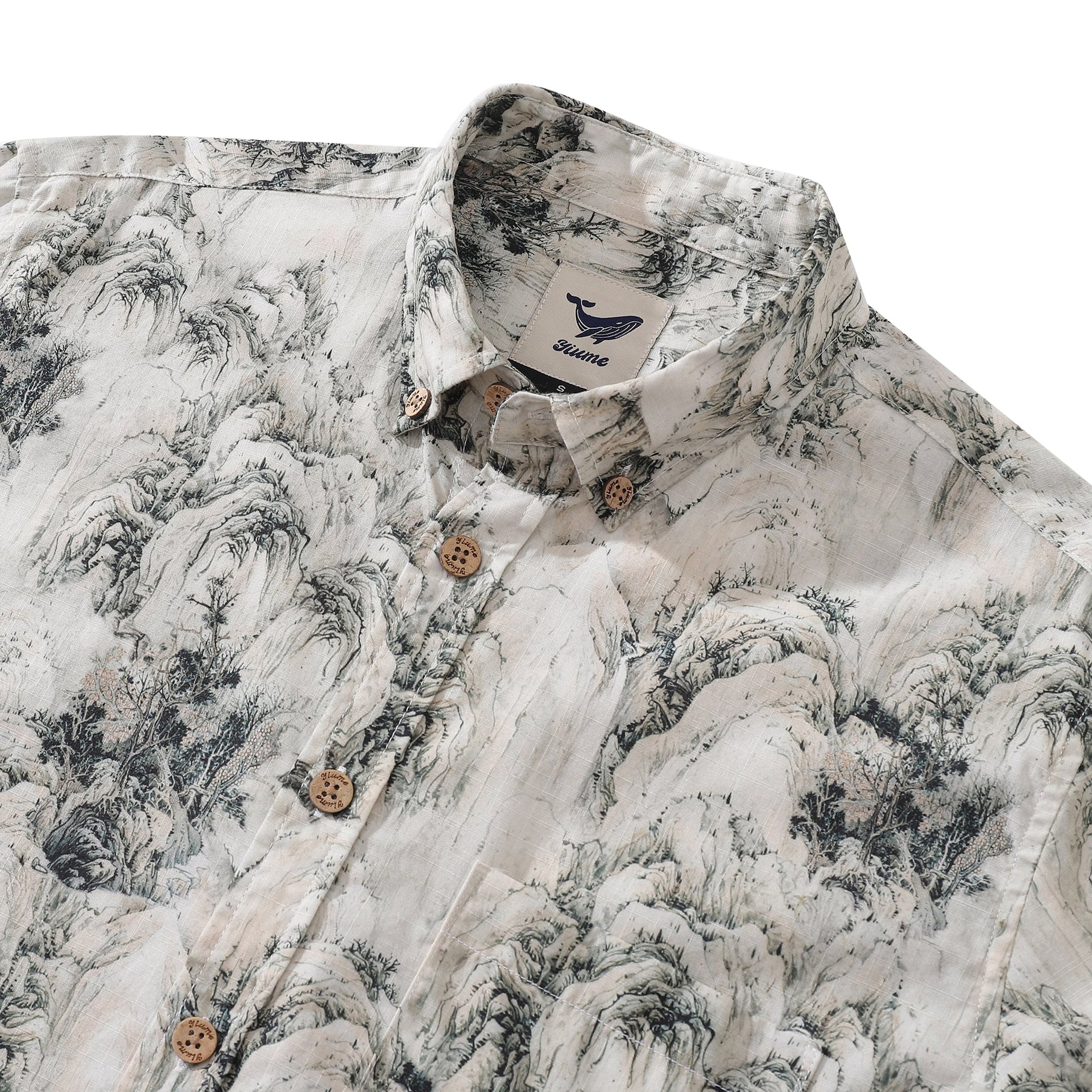 Mountain Landscape Print Long Sleeve Cotton Hawaiian Shirt