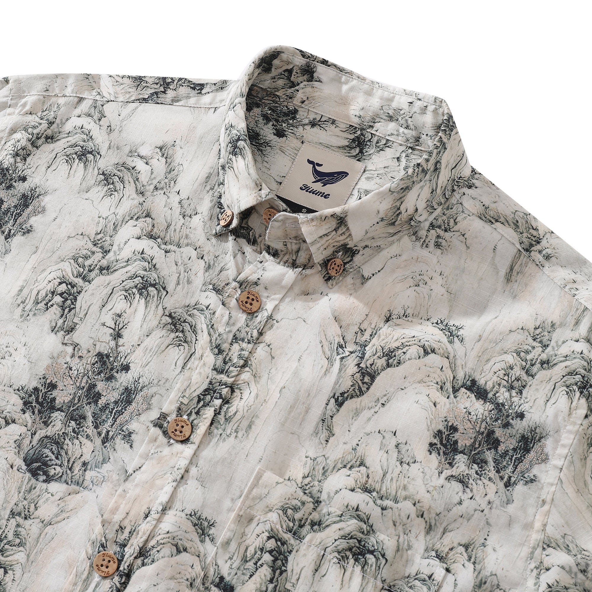 Mountain Landscape Print Long Sleeve Cotton Hawaiian Shirt