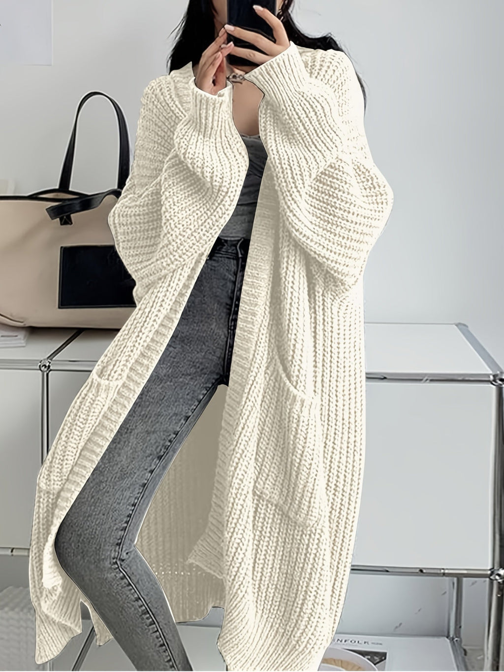 Women's Long Cardigan Over Knee V-Neck Chic