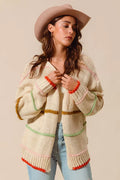 Loose Fit Multi Stripe Open Front Cardigan in Oatmeal