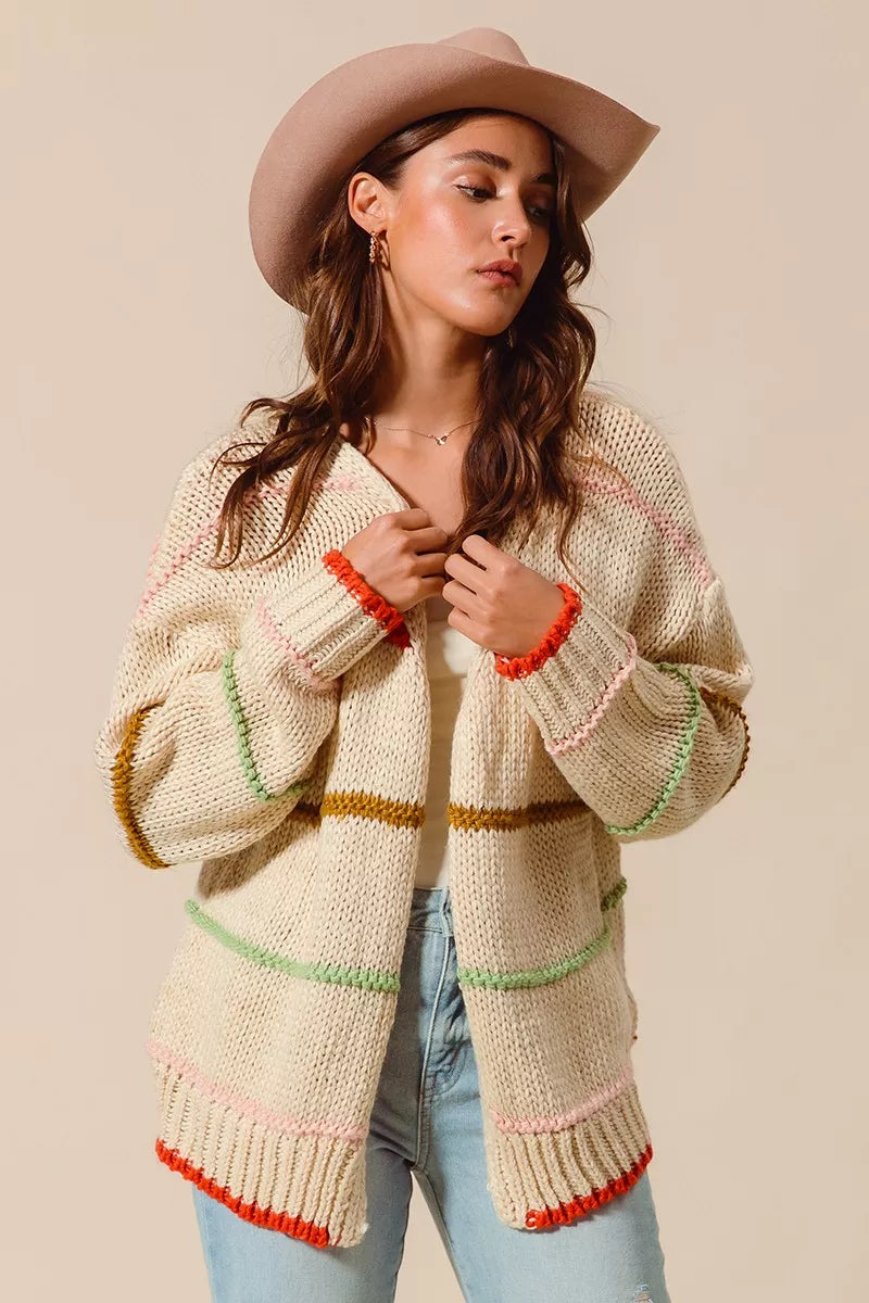 Loose Fit Multi Stripe Open Front Cardigan in Oatmeal