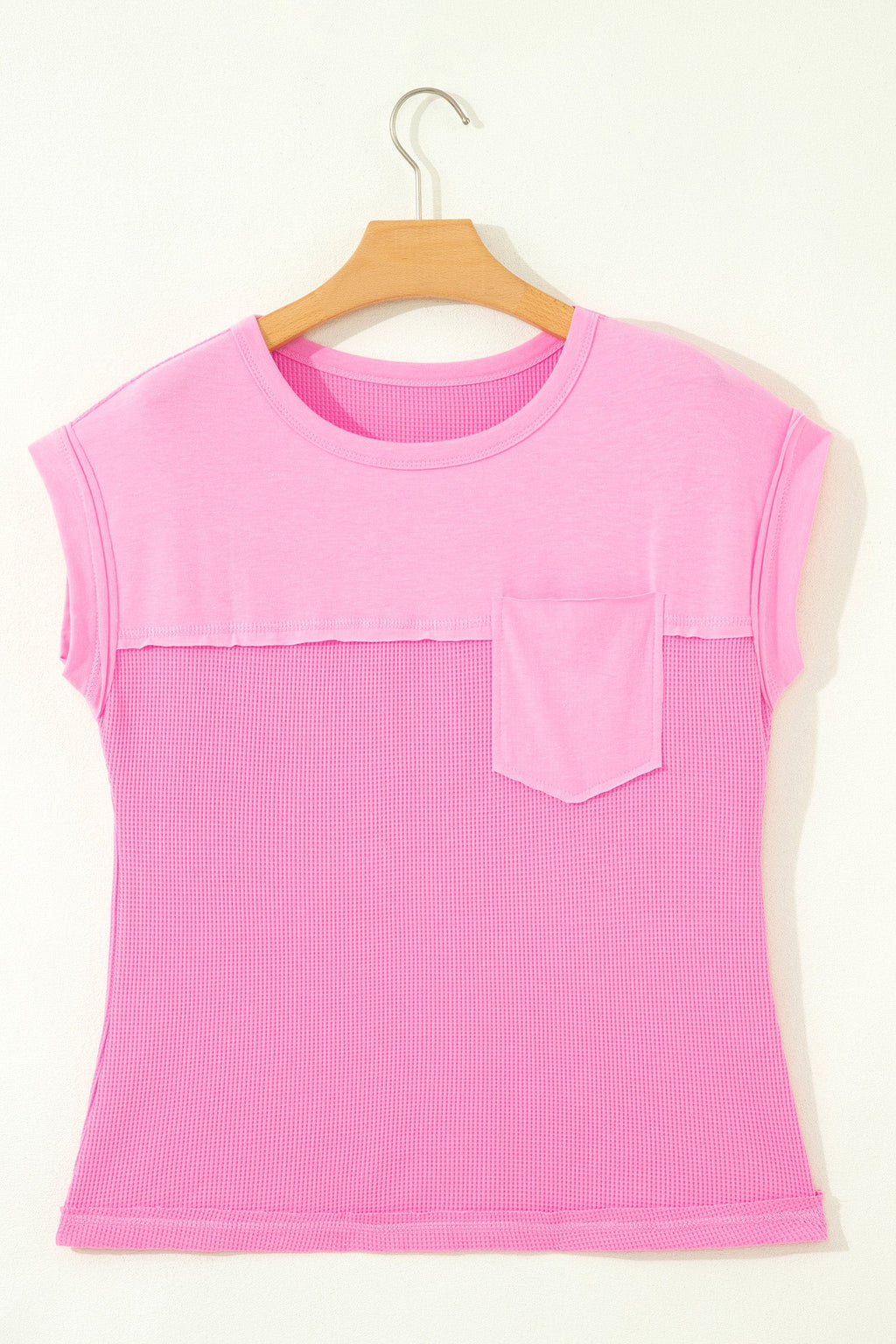 Waffle Patchwork Raw Seam Short Sleeve T-Shirt in Pink