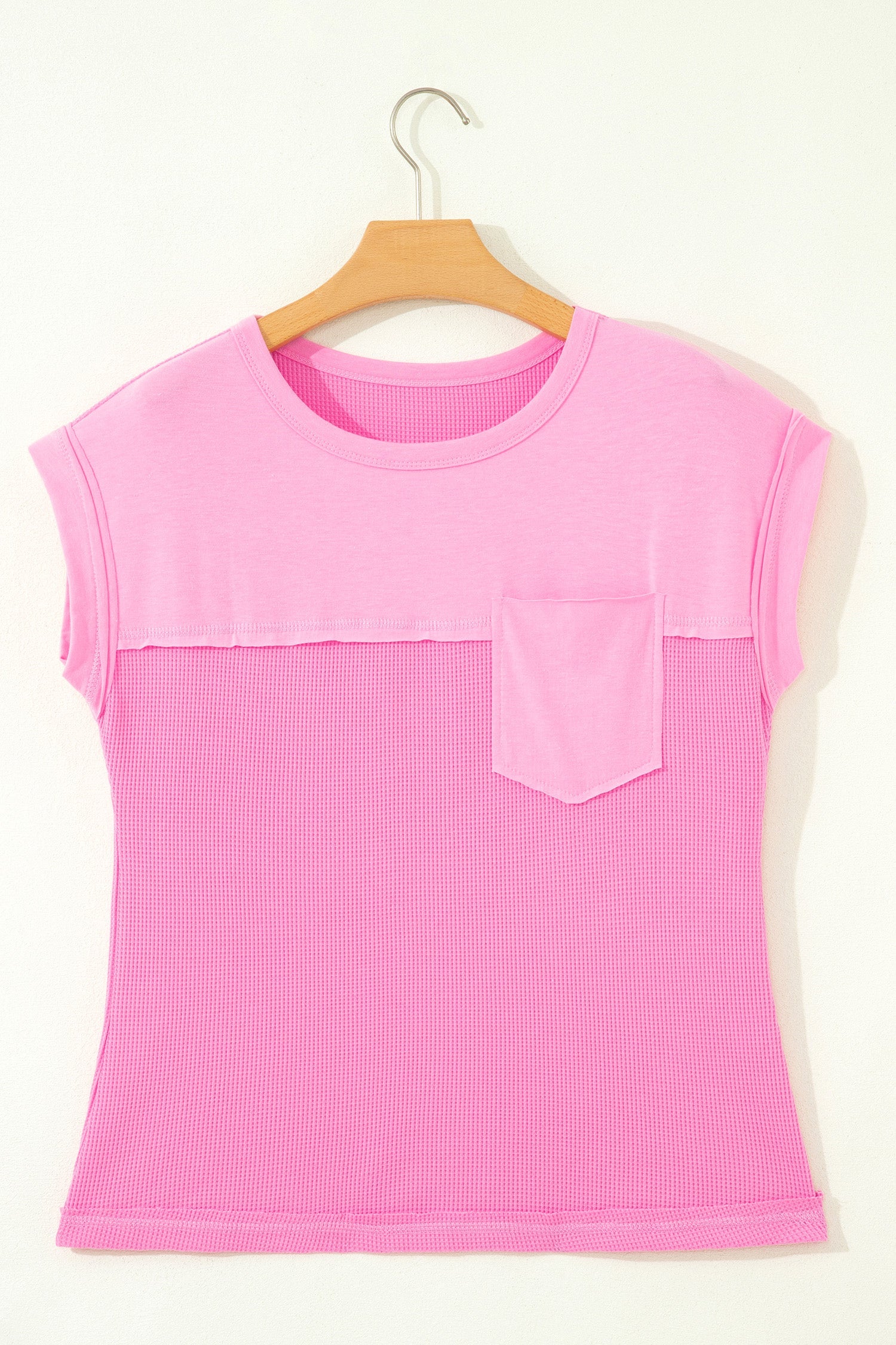 Waffle Patchwork Raw Seam Short Sleeve T-Shirt in Pink