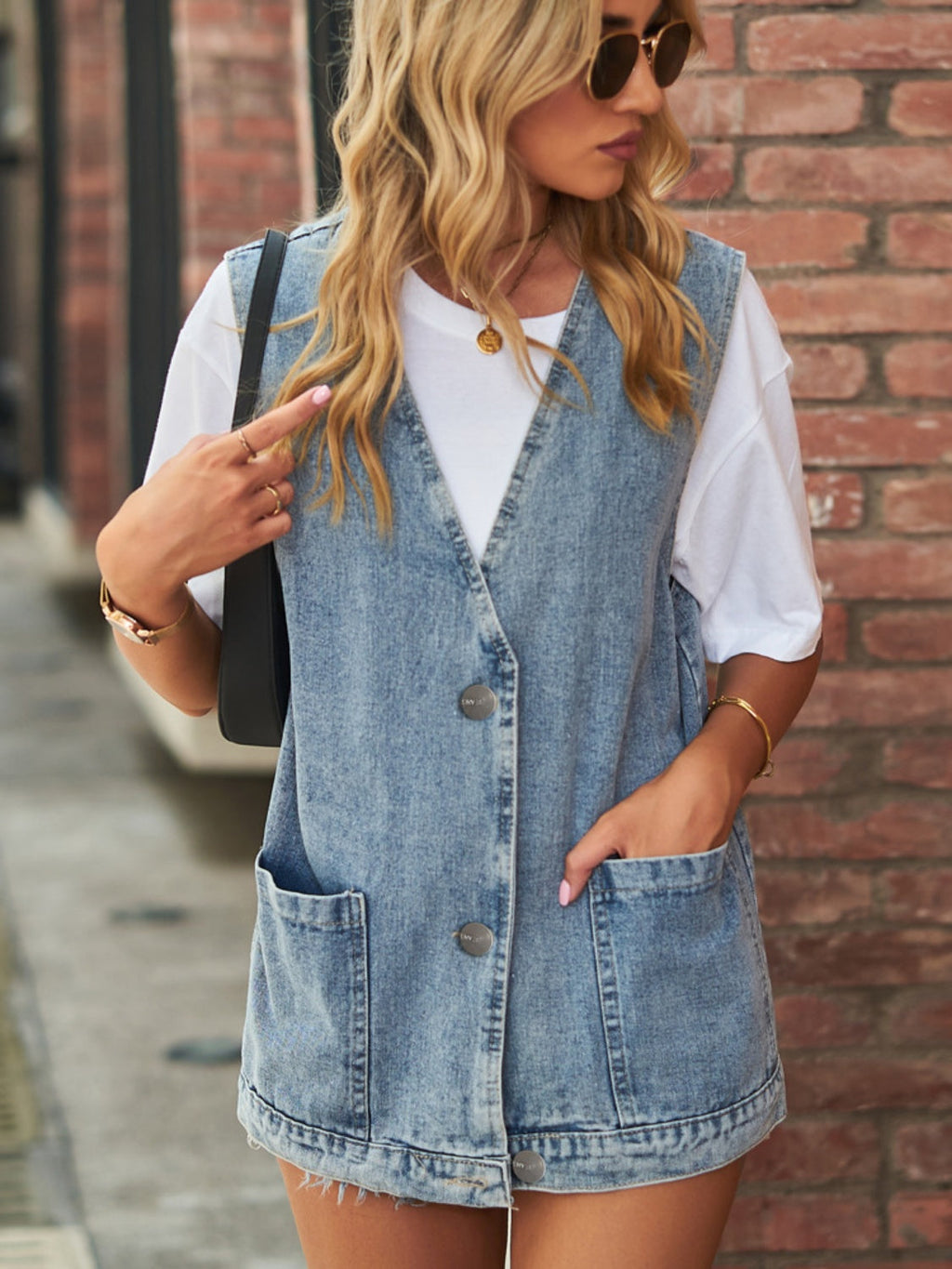V-Neck Button Up Denim Vest | Rayon Blend