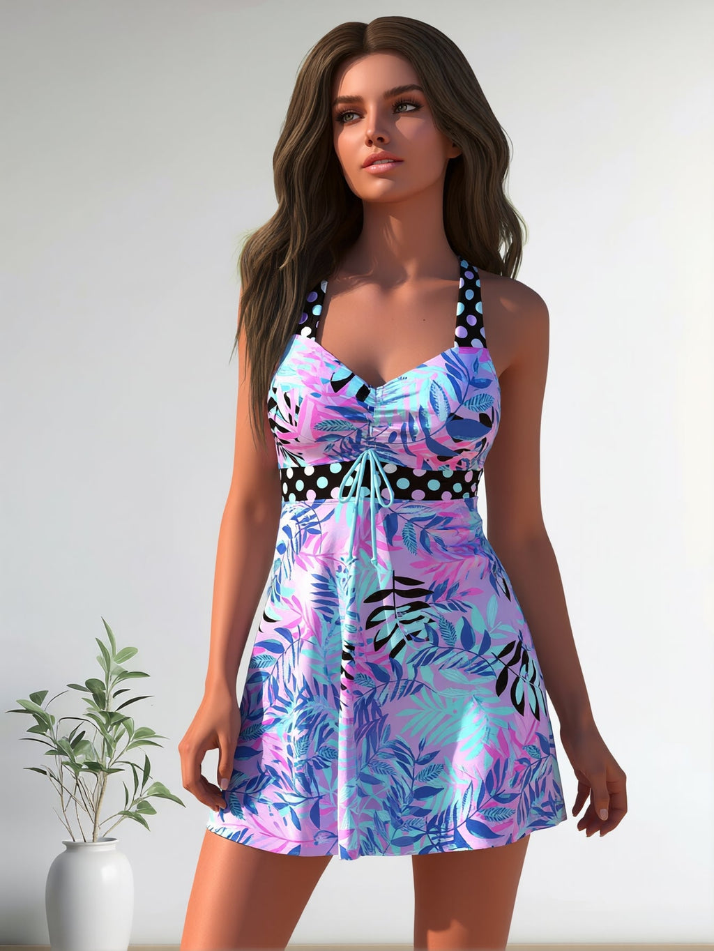 High-Neck Tankini Swimsuit Adjustable Straps Beach Swimwear