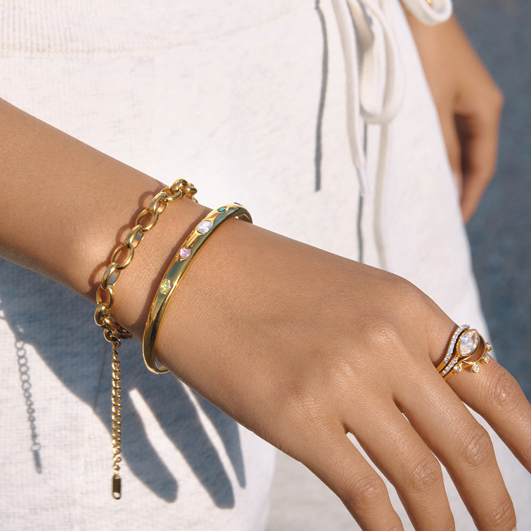 Colorful Zircon Open Bangle in Gold and Multi-Color