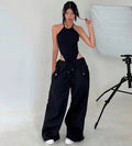 Women's High-Waist Straight-Leg Cargo Pants with Lace-Up Details