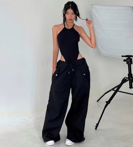 Women's High-Waist Straight-Leg Cargo Pants with Lace-Up Details
