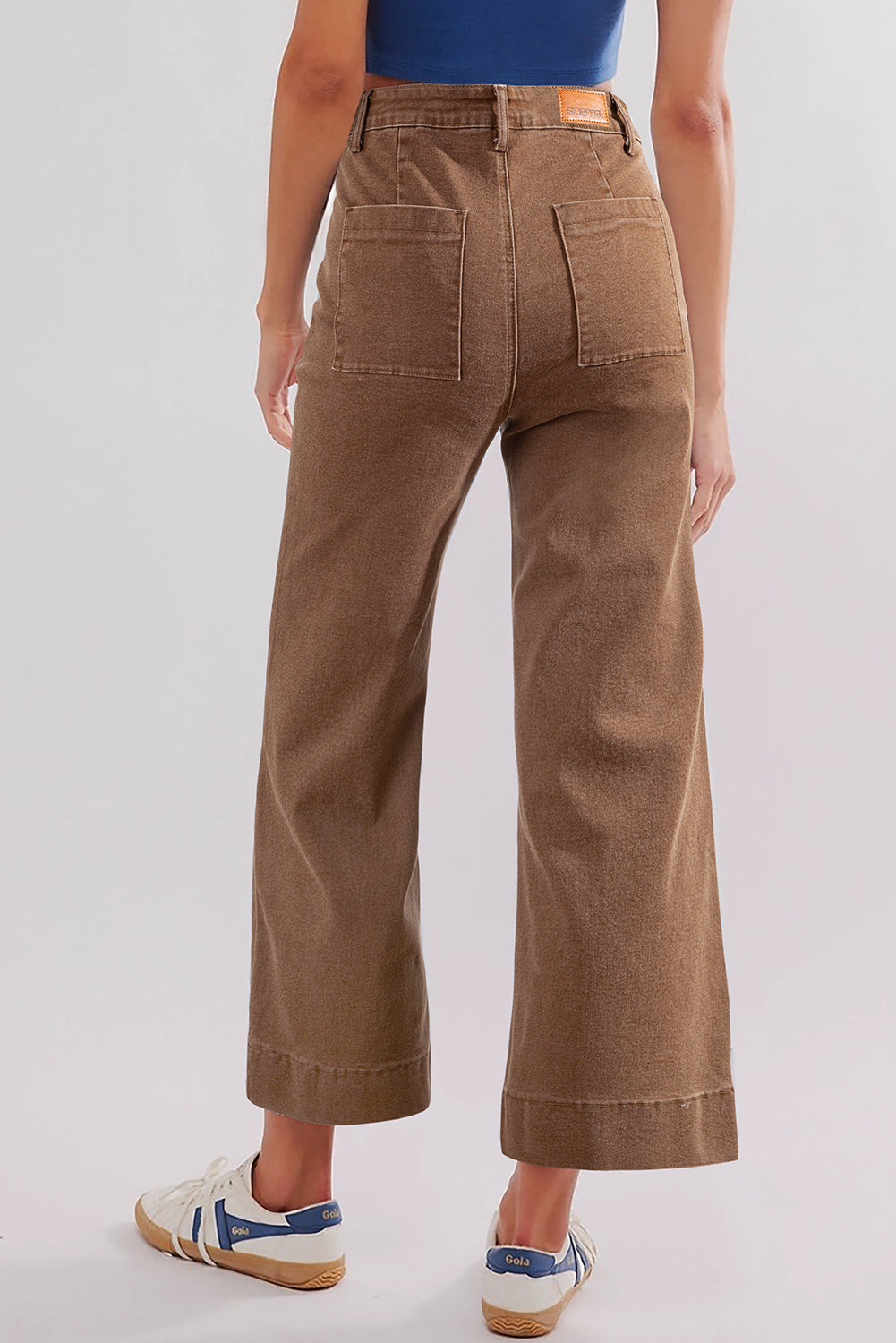 Brown Flap Pocket Front Straight Cropped Jeans