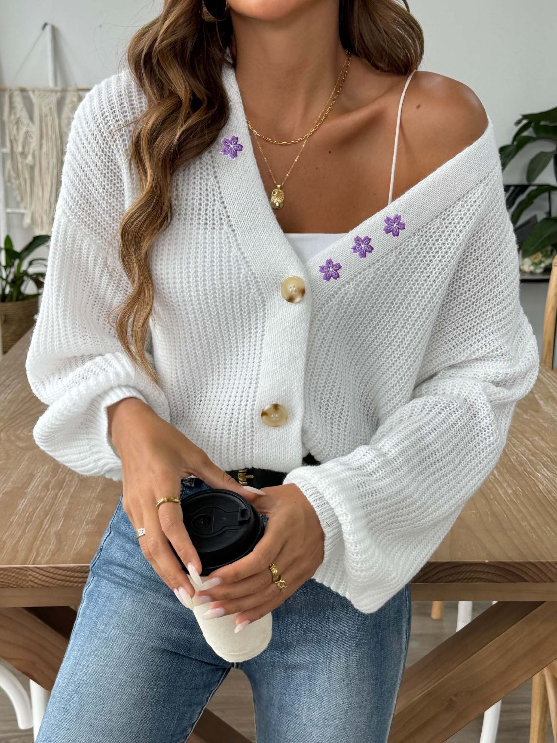 Women's V-Neck Button Up Cardigan with Floral Embroidery White - Image 3