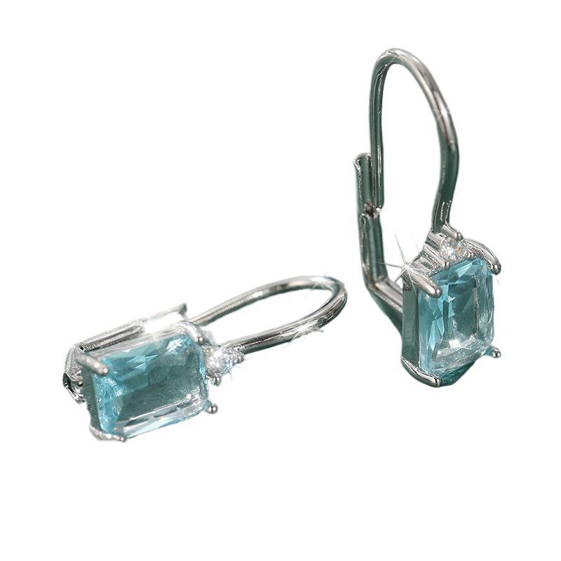 Elegant Blue Rectangle Crystal Drop Earrings Silver Tone Brass Women Daily Wedding Fashion Jewelry Gift