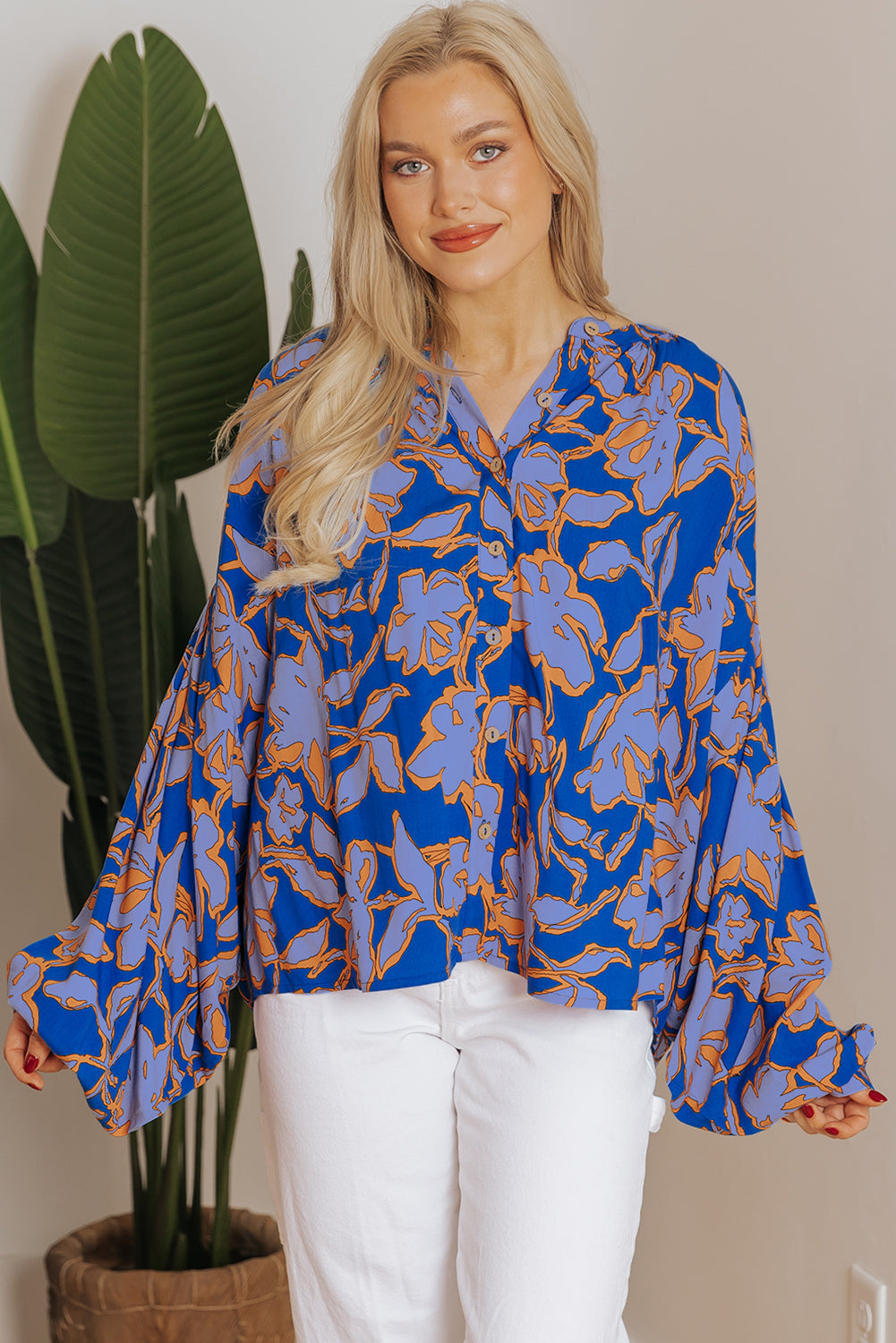 Blue Floral Print Batwing Sleeve Buttoned Shirt