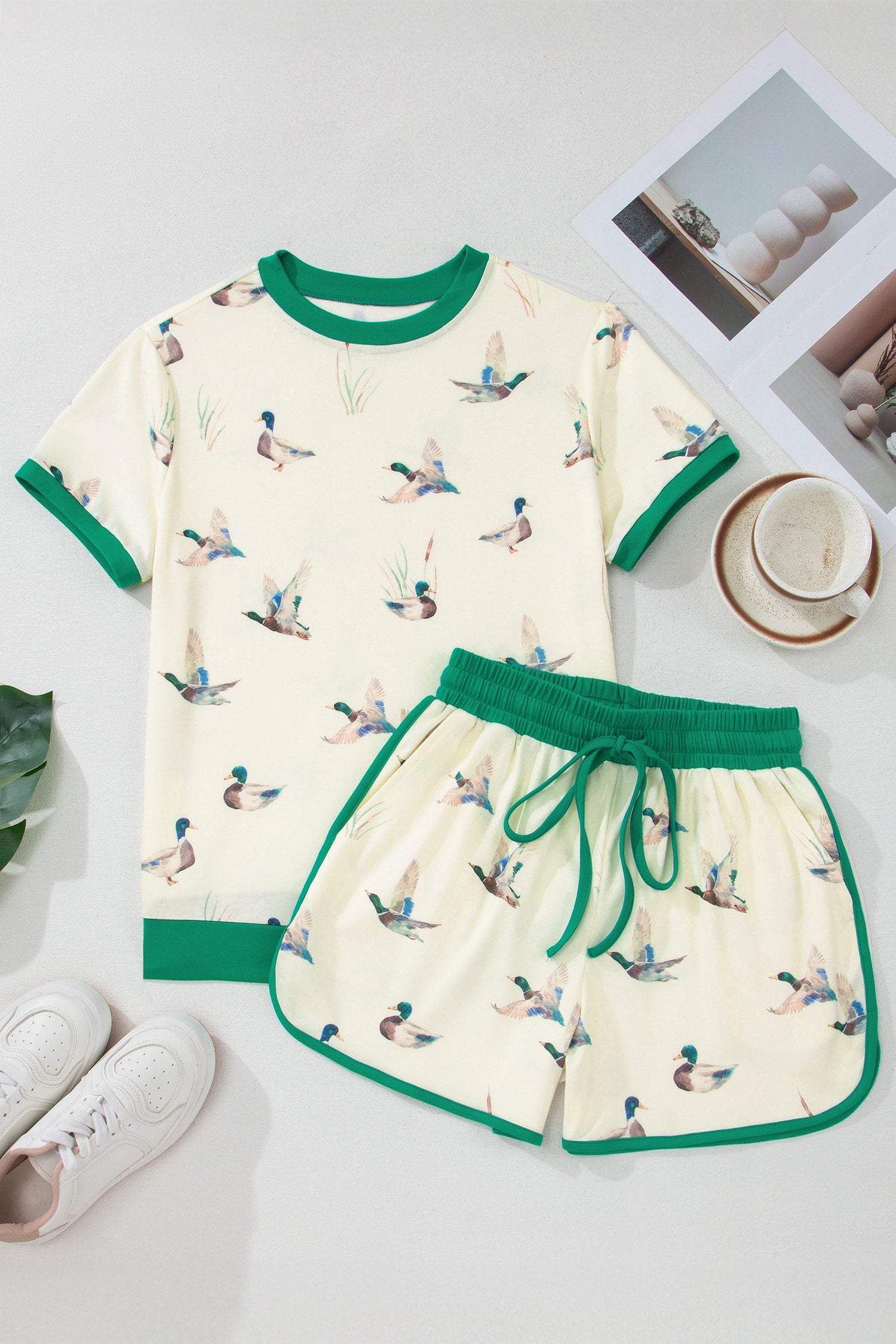 Mallard Duck Print Short Sleeve & Short Set Contrast Trim