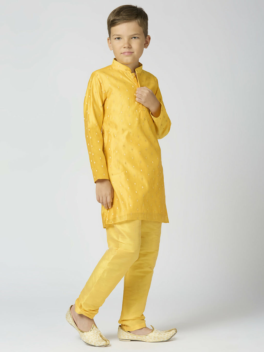Boys Yellow Chanderi Kurta and Pyjama Set with Traditional Butta
