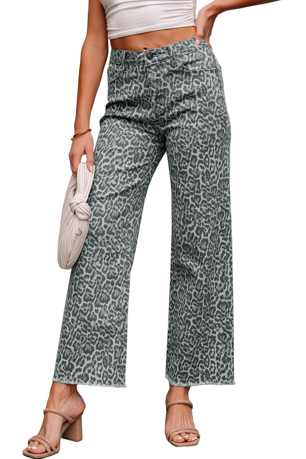 Gray Leopard Frayed Edge Wide Leg High Waist Jeans