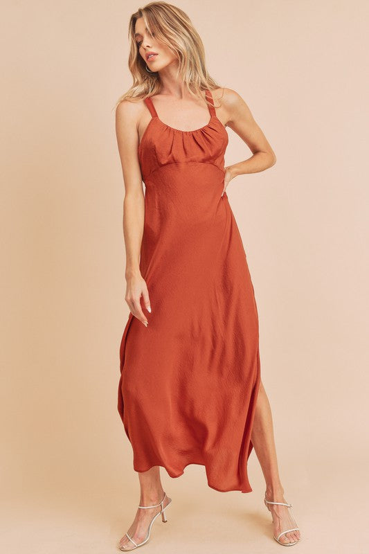 Satin Ruched Side Slit Maxi Cami Dress in Rust