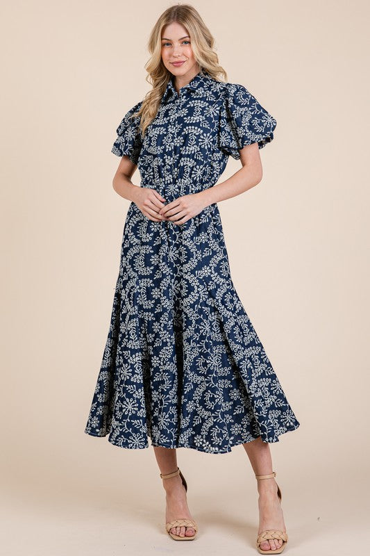 Leaf Pattern Eyelet Lace Puff Sleeve Midi Dress